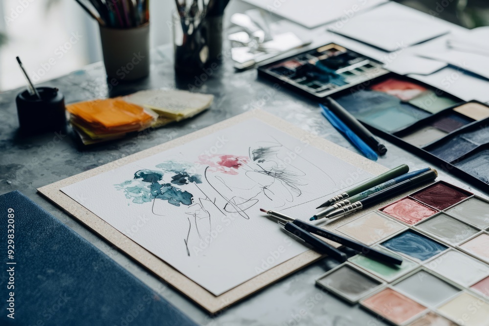 A creative workspace with a mood board in progress, including hand-drawn sketches, magazine clippings, and paint swatches A creative workspace with a mood board in progress, including hand-drawn sketches, magazine clippings, and paint swatches