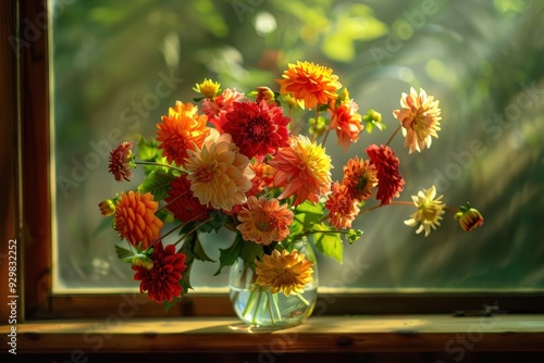 Wallpaper Mural A beautiful arrangement of dahlias in a glass vase, with flowers in shades of red, orange, and yellow. Torontodigital.ca