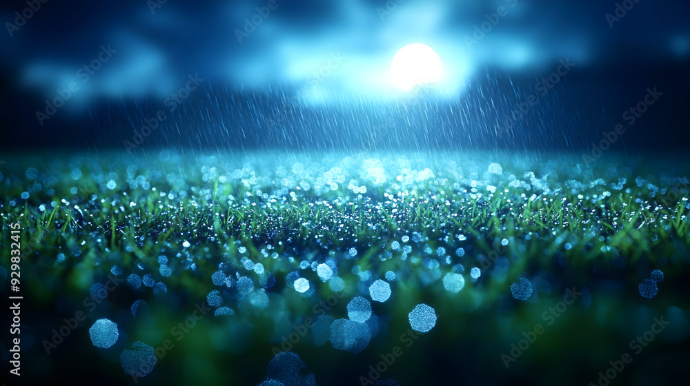 A serene night scene with rain on grass under moonlight. A serene night scene with rain on grass under moonlight.