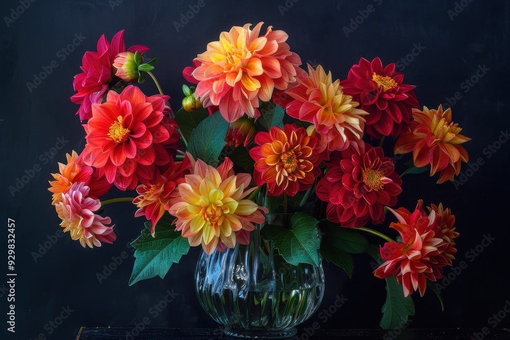 Fototapeta premium A beautiful arrangement of dahlias in a glass vase, with flowers in shades of red, orange, and yellow.
