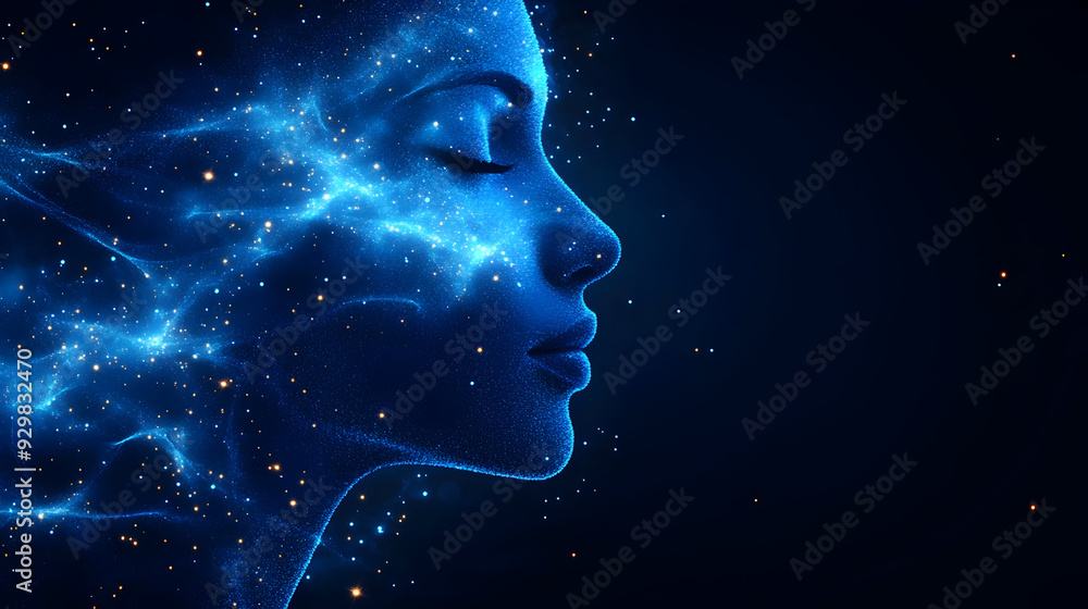 A serene profile of a woman surrounded by cosmic elements. A serene profile of a woman surrounded by cosmic elements.