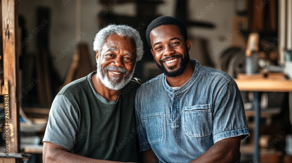 old black man and his son. They are in a domestic workshop, smiling and looking at the camera