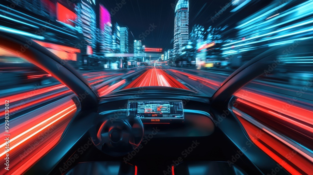 Fototapeta premium Fast Driving Through City Lights at Night