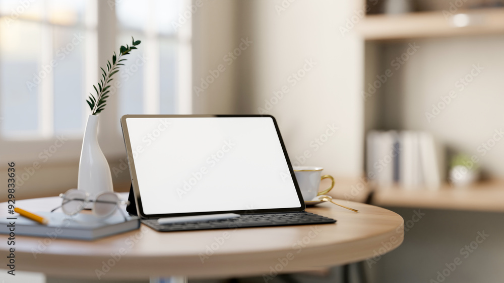A digital tablet with a white-screen mockup on a round wooden table in a contemporary minimal room. A digital tablet with a white-screen mockup on a round wooden table in a contemporary minimal room.