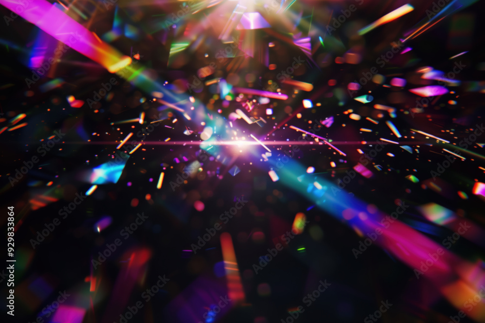 Fototapeta premium Vibrant light rays and particles exploding from central point on black background. Iridescent light refraction, glowing colorful lights and bokeh lens flare overlay effect, depth of field