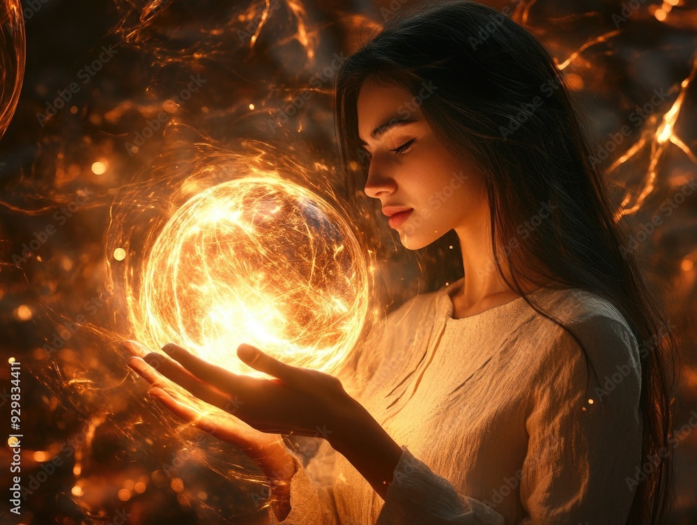 Naklejka premium Woman holding glowing orb
