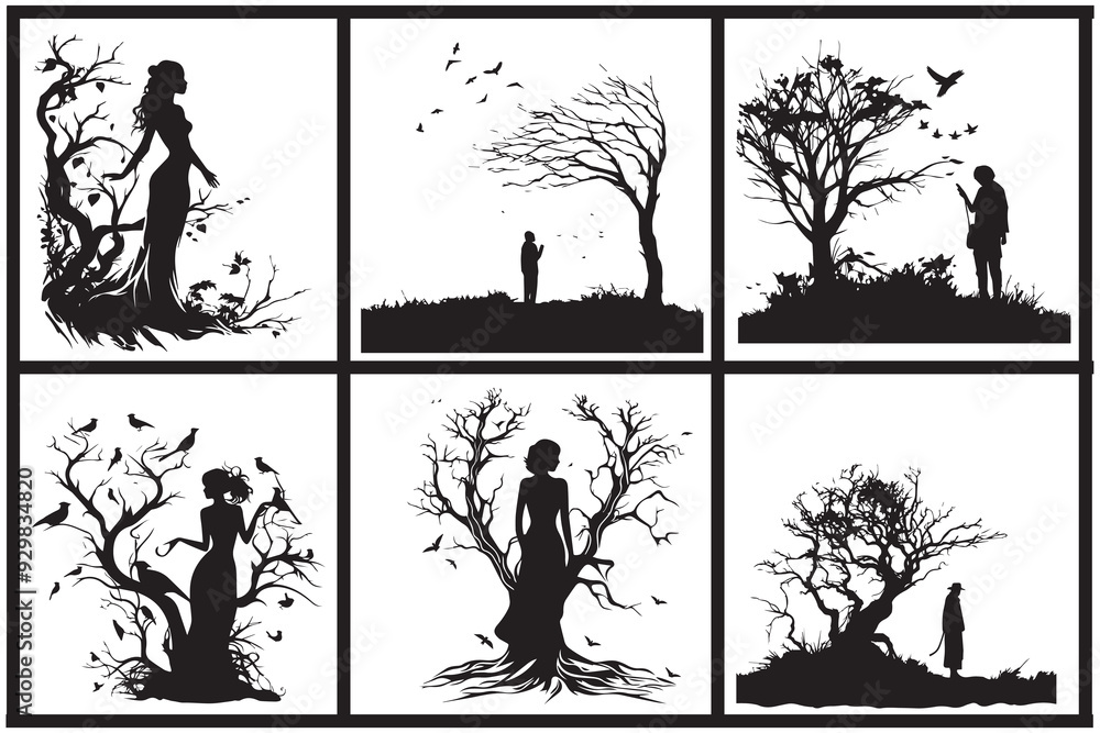black silhouette girl and tree black silhouette girl and tree