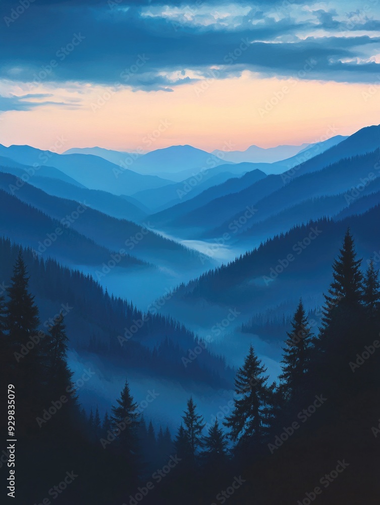 Obraz premium Valley landscape with trees and mountains