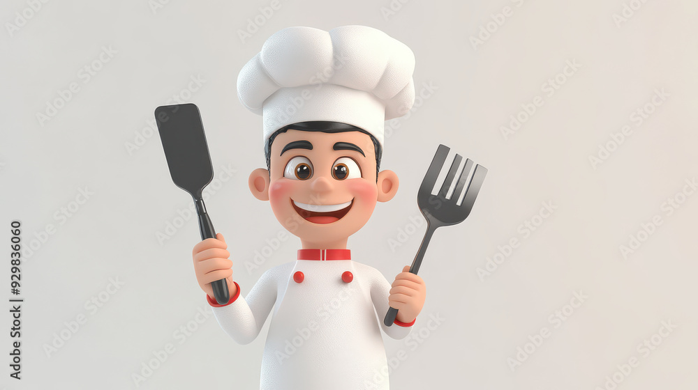 3D cheerful chef holding a spatula on a bright white background