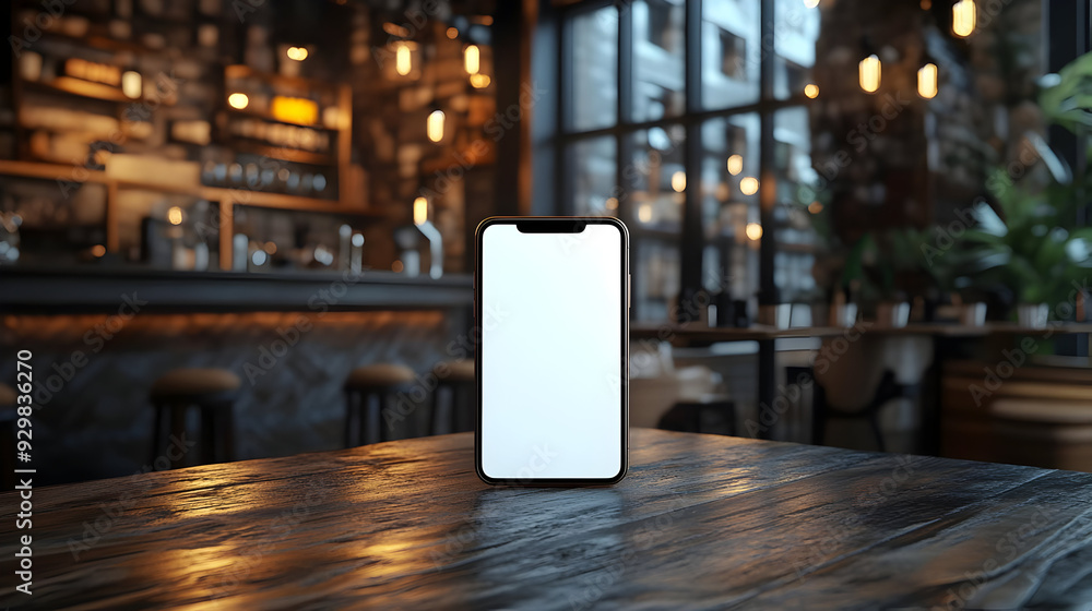 A smartphone displayed on a wooden table in a cozy café setting. A smartphone displayed on a wooden table in a cozy café setting.
