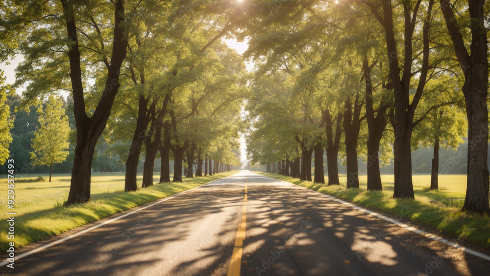 This is a picture of a road lined with trees, with the sun shining brightly in the distance.
This is a picture of a road lined with trees, with the sun shining brightly in the distance.