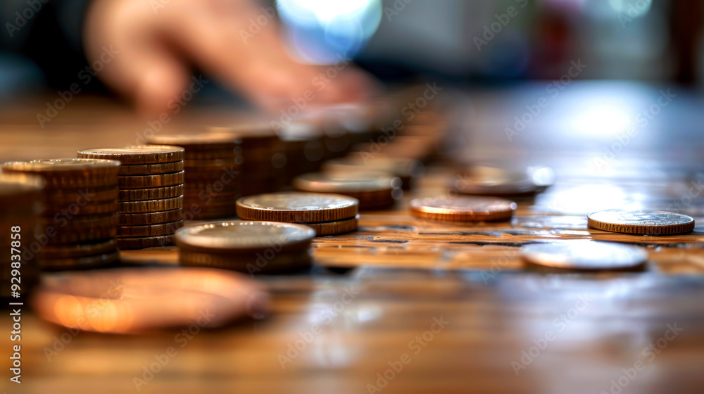Stacks of Gold Coins on a Wooden Tabletop Stacks of Gold Coins on a Wooden Tabletop