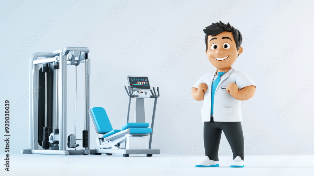 3D happy physical therapist with exercise equipment on a bright white background 3D happy physical therapist with exercise equipment on a bright white background
