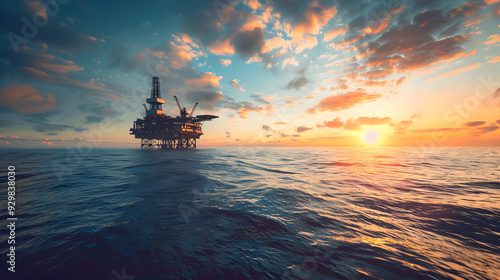 Offshore oil rig drilling platform at sunset. Oil and gas platforms north sea