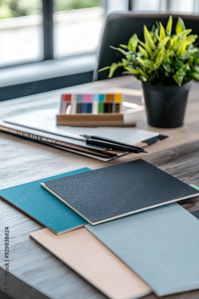 A designer's workspace with a mood board featuring an array of color swatches, textures, and design samples A designer's workspace with a mood board featuring an array of color swatches, textures, and design samples
