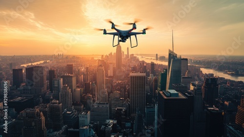 Drone Photography Over City Skyline at Sunset