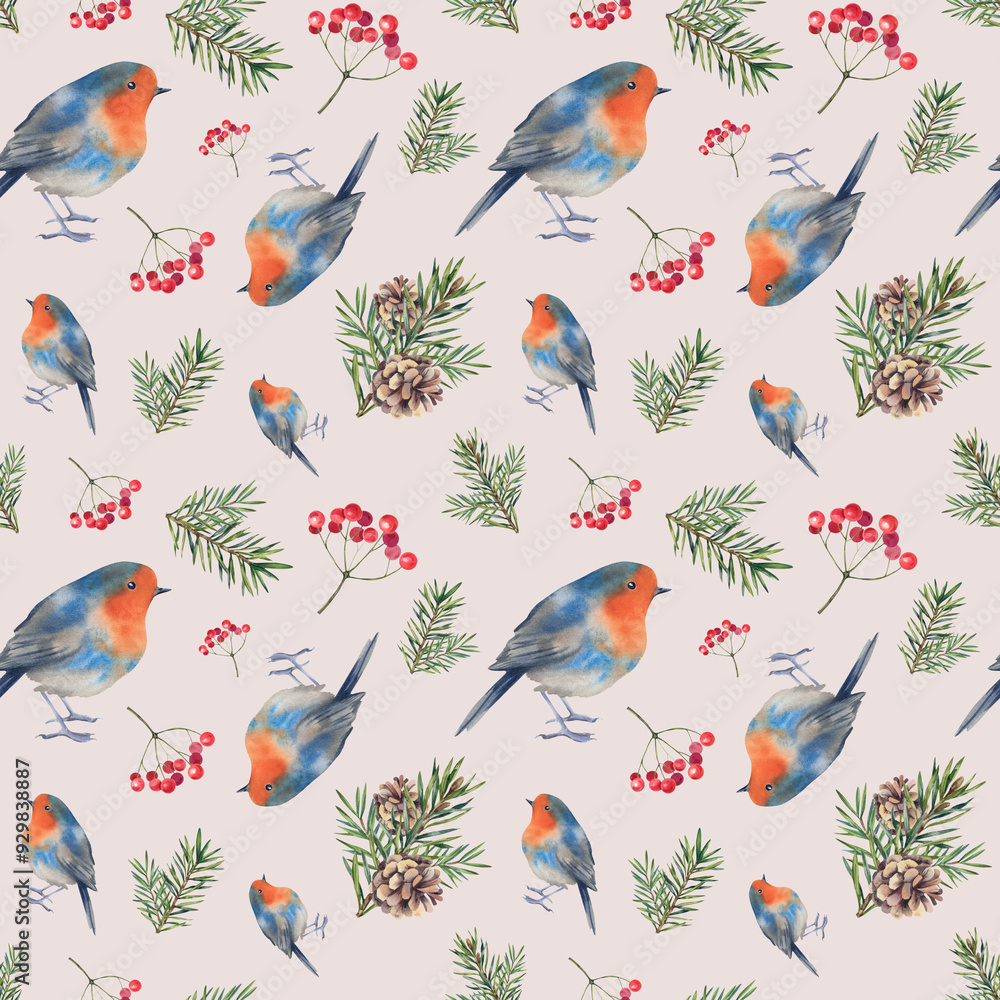 Fototapeta premium Robin with rowan berries and pine branches. Seamless pattern with forest birds and plants. Watercolor illustration hand painted. New Year and Christmas celebrations. A template for decoration.
