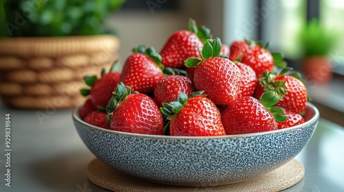 Close-Up of a Bowl of Fresh Red Strawberries with Green Leaves on Beige Round Coasters, Set on a Modern Dining Table with White Kitchen Background, Natural Light, and Bokeh Effect