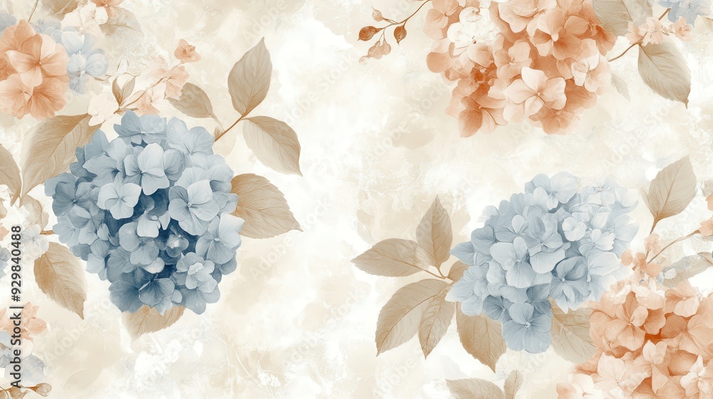 A floral pattern featuring blue and peach hydrangeas on a soft background. A floral pattern featuring blue and peach hydrangeas on a soft background.
