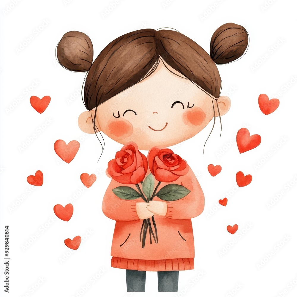 Cute watercolor illustration featuring a girl with roses, perfect for Valentines Day designs with chibi and kawaii vibes. Cute watercolor illustration featuring a girl with roses, perfect for Valentines Day designs with chibi and kawaii vibes.