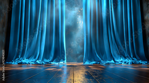 A stage with blue curtains ...