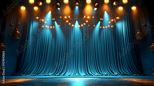 A stage with blue curtains ...