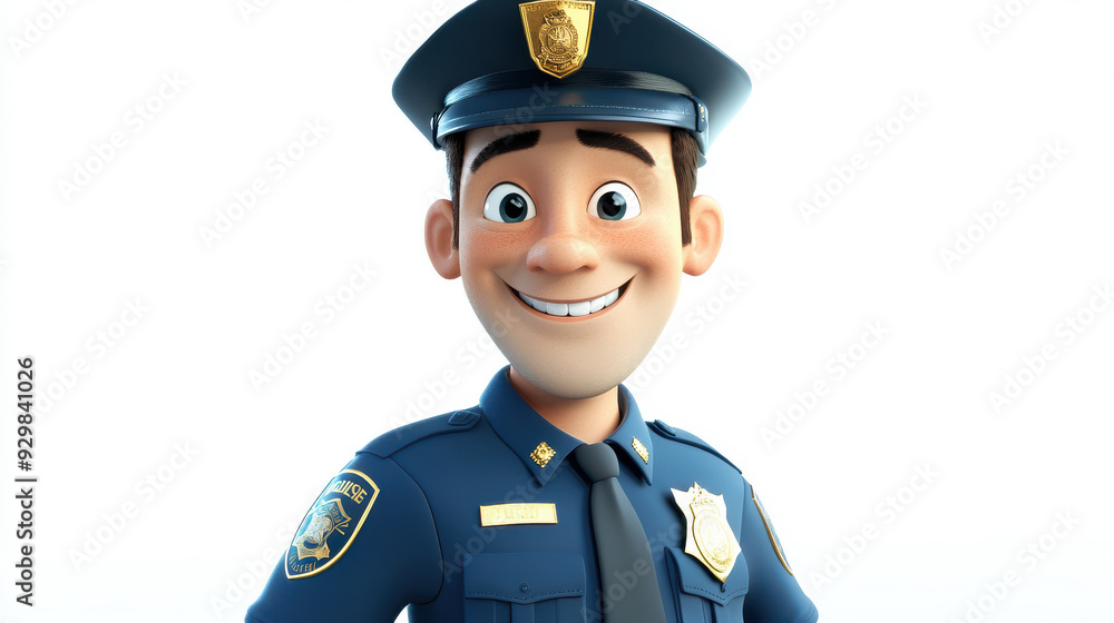 3D smiling police officer with a badge on a clean white background 3D smiling police officer with a badge on a clean white background