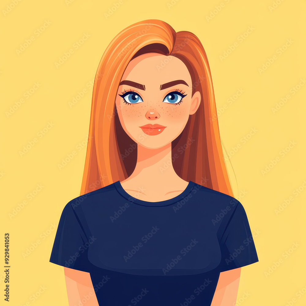 A vibrant illustration showcasing a woman in her late s, dressed in a dark blue graphic tee, with blue eyes and long brown hair. A vibrant illustration showcasing a woman in her late s, dressed in a dark blue graphic tee, with blue eyes and long brown hair.