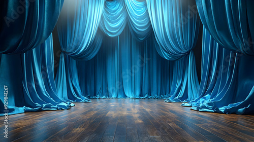 A stage with blue curtains ...