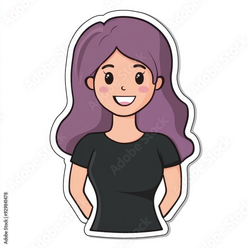 A cheerful young woman with striking purple hair, styled neatly, radiates joy in her sleek black shirt against a white backdrop.