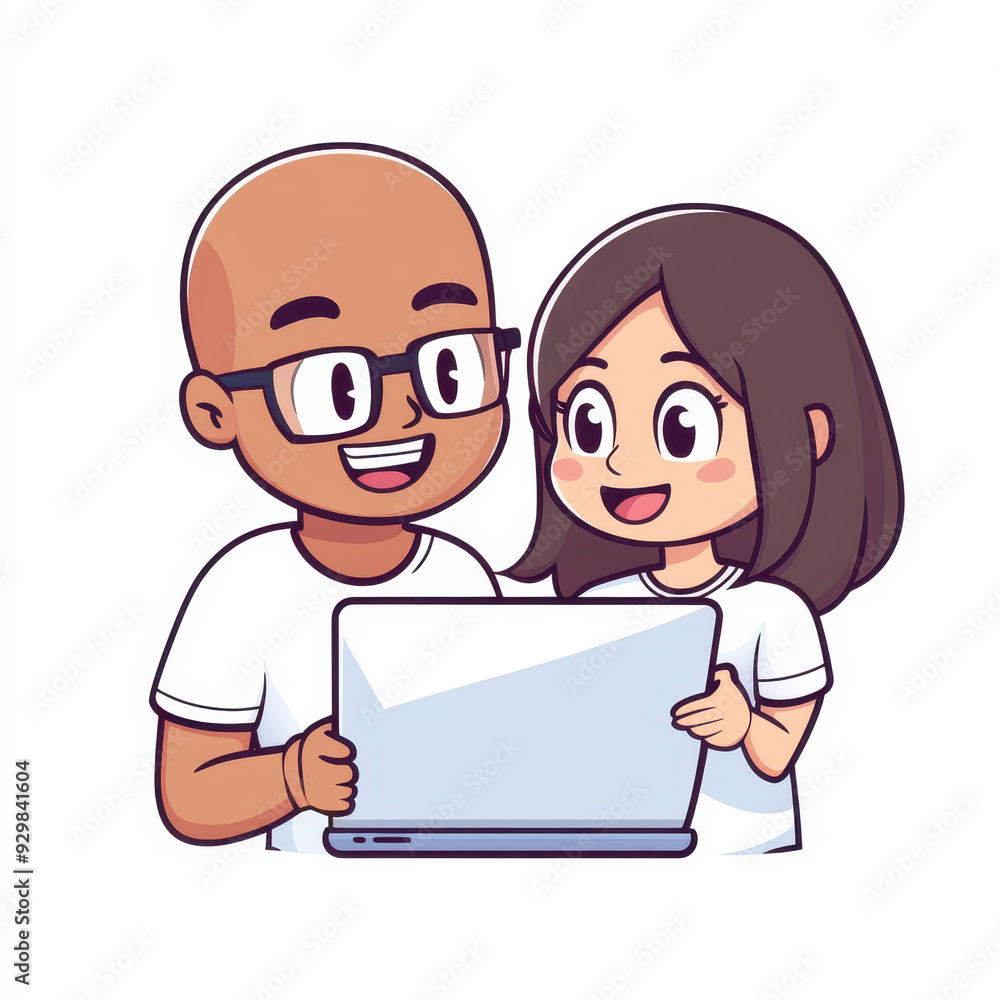 A quirky South Indian character, balding and bespectacled, smiles coyly at his laptop while a shy aunt peeks at him. A quirky South Indian character, balding and bespectacled, smiles coyly at his laptop while a shy aunt peeks at him.