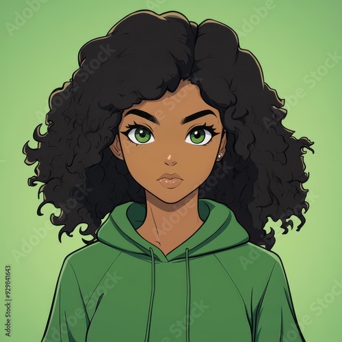 A stunning animestyle illustration of a black woman with a bold, singlecolor background, gazing confidently ahead. photo