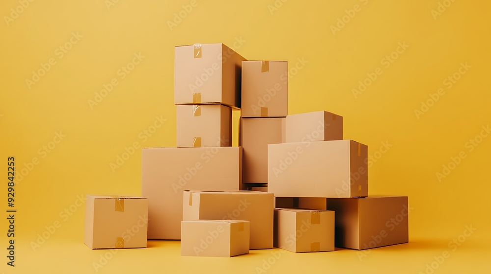 Stack of cardboard boxes on yellow background. Stack of cardboard boxes on yellow background.