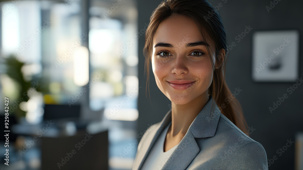 Fototapeta premium 8k image of a smiling business woman in a professional office, realistic lighting, highly detailed, high resolution, powered by unreal engine