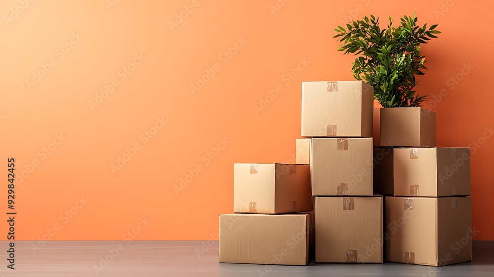 Stacked cardboard boxes against an orange wall with a plant. Stacked cardboard boxes against an orange wall with a plant.