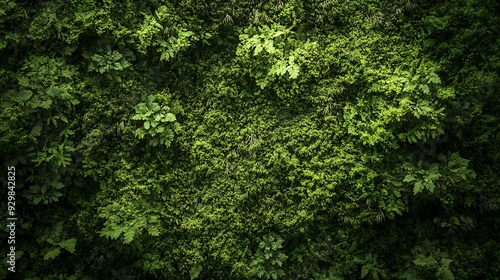 A lush green wall of foliage, densely packed with various types of plants. The vibrant greens create a natural and calming atmosphere.