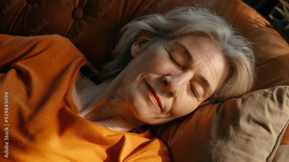Senior woman peacefully sleeping in bed with a warm smile. Generative AI Senior woman peacefully sleeping in bed with a warm smile. Generative AI
