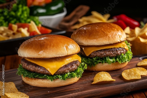 juicy beef burgers on seedless buns, adorned with melted cheddar cheese
