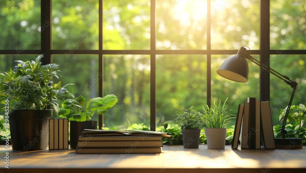 A desk with books and a lamp, green plants in front of the window. A desk with books and a lamp, green plants in front of the window.