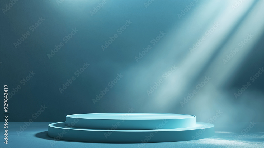 Obraz premium Minimalist spotlight on blue podium with soft lighting. Copy space. Generative AI