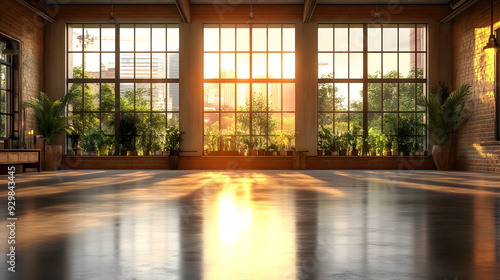 A sunlit room with large wi...