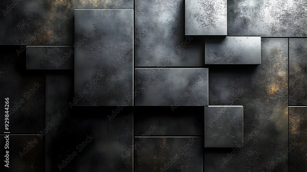 A textured wall with geometric metal panels in varying sizes. A textured wall with geometric metal panels in varying sizes.