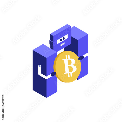 Crypto trading robot isometric illustration isolated on white background. 