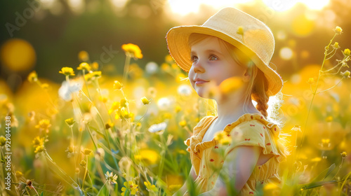 Little Girl in a Straw Hat Gazing at a Sunlit Field of Yellow Flowers