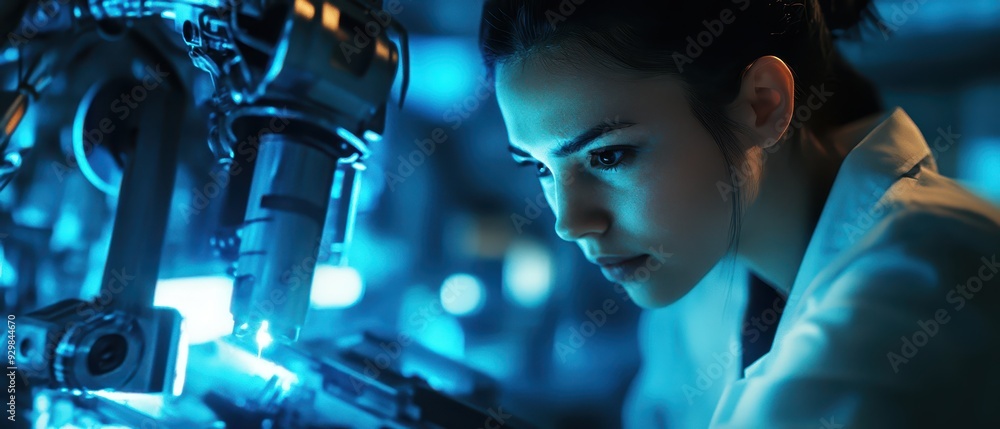A female factory worker operating a robotic arm with extreme precision, her face illuminated by blue neon lights, industrial background, Cyberpunk, Digital Art A female factory worker operating a robotic arm with extreme precision, her face illuminated by blue neon lights, industrial background, Cyberpunk, Digital Art