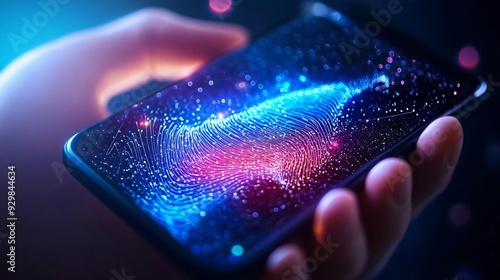 A hand holding a smartphone displaying a vibrant cosmic pattern, blending colors of blue and pink in a digital universe. photo