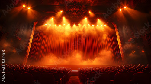 A theater stage with red cu...