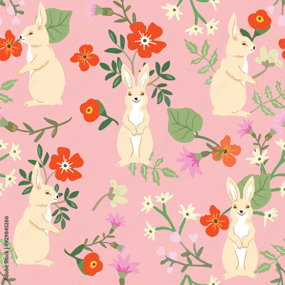 Obraz premium Cute brown hare rabbit bunny in flower garden seamless pattern