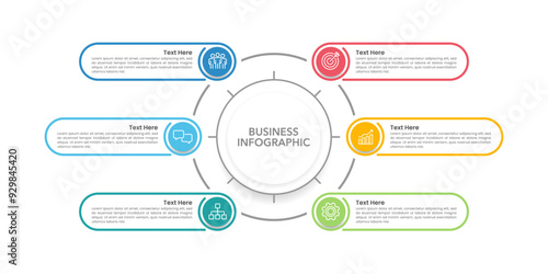 6 process or option infographics. Infographic circle line design template Business presentation, Organization, Workflow, System, Framework, Planning and Strategy. Vector illustration.