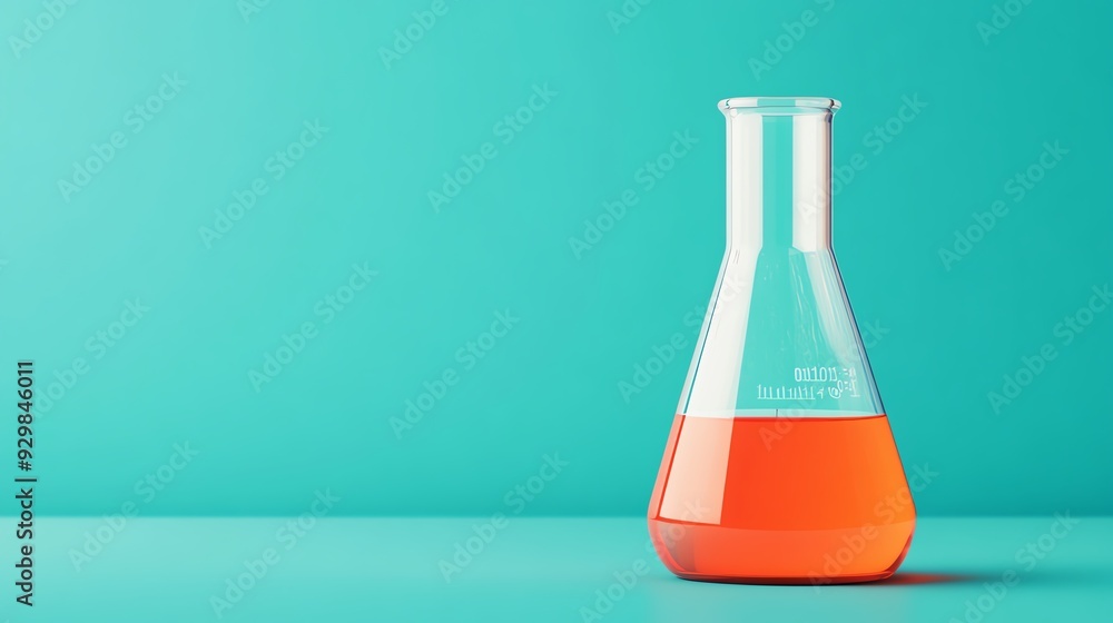 Erlenmeyer flask with orange liquid on a blue background. Erlenmeyer flask with orange liquid on a blue background.